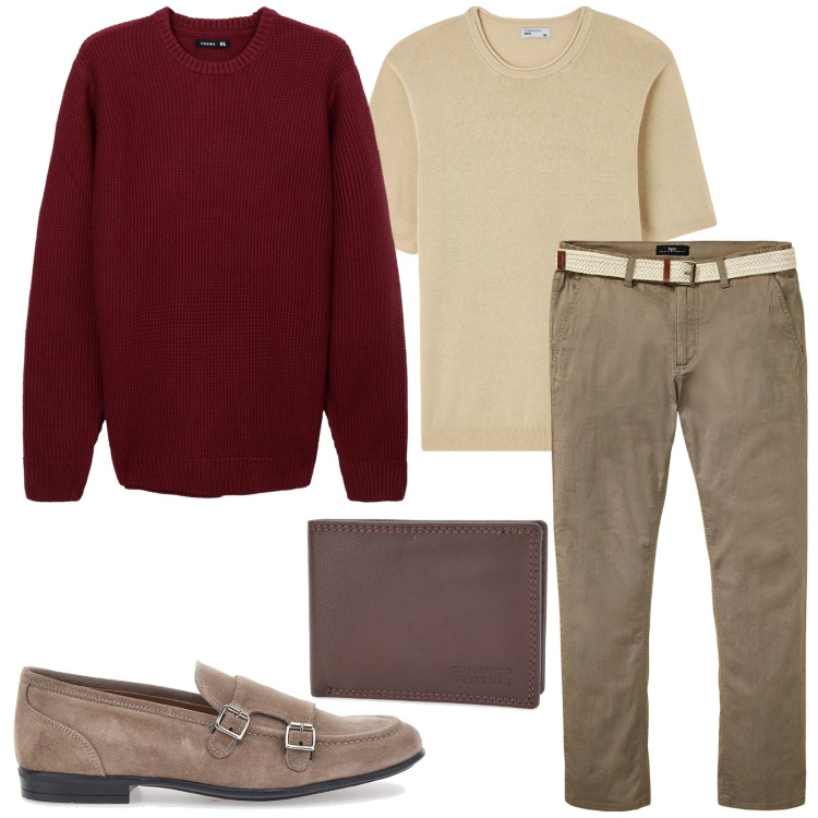 Outfit uomo - Total look #2256510. Stile Trendy per Serata speciale. Abbinamento con pantaloni chino, maglieria, t-shirt, portafogli, scarpe stringate.