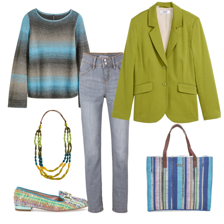 Outfit donna - Le righe. Stile Casual chic per Tutti i giorni. Abbinamento con maglieria, jeans slim fit, blazer, mocassini, shopping bag, collane.