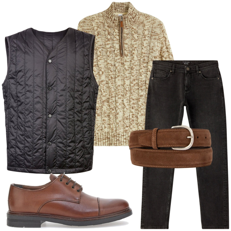 Outfit uomo - Total look #2256512. Stile Casual per Ufficio. Abbinamento con maglieria, jeans, scarpe stringate, piumini, cinture.