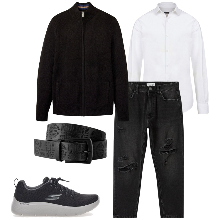 Outfit uomo - Total look #2256513. Stile Casual per Serata speciale. Abbinamento con cinture, cardigans, jeans strappati, sneakers, camicie.
