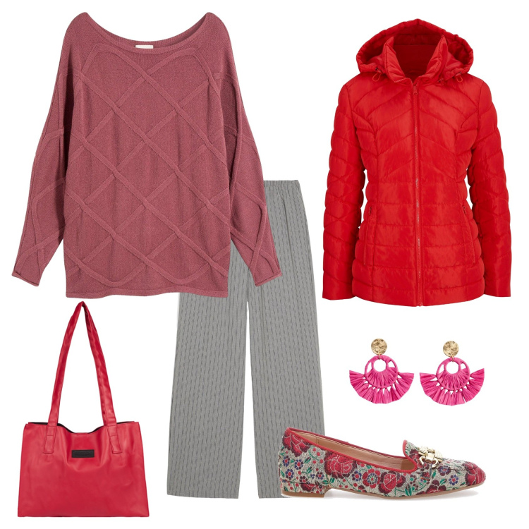 Outfit donna - Total look #2256514. Stile Casual chic per Ufficio. Abbinamento con giacche, orecchini, pantaloni, maglieria, shopping bag, mocassini.