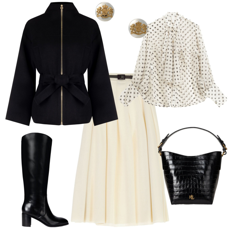 Outfit donna - Evento serata cerimonia. Stile Chic per Tutti i giorni. Abbinamento con caban, camicie, gonne longuette, stivali, borse a secchiello, orecchini.