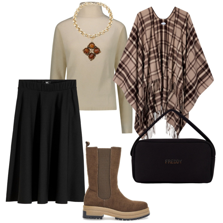 Outfit donna - Inizia il freddo. per Tutti i giorni. Abbinamento con gonne longuette, cappotti, collane, borse a mano, pullovers, stivaletti chelsea.