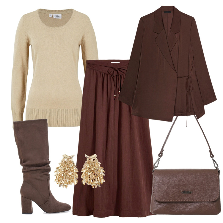 Outfit donna - Total look #2256518. Stile Casual chic per Ufficio. Abbinamento con gonne lunghe, maglieria, borse a tracolla, orecchini, stivali sopra il ginocchio, blazer.