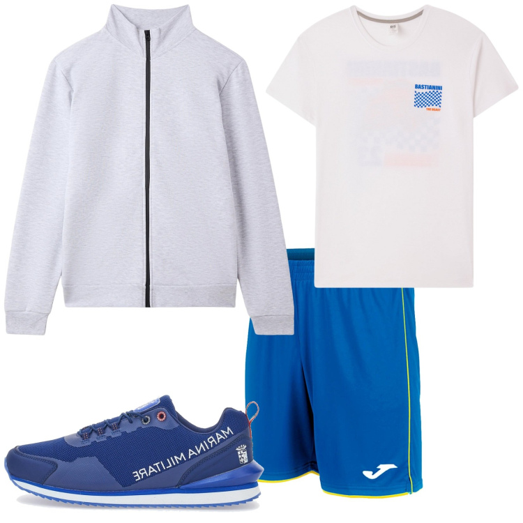Outfit uomo - Total look #2256519. Stile Casual per Sport. Abbinamento con felpe sportive, t-shirt, sneakers, pantaloni corti.