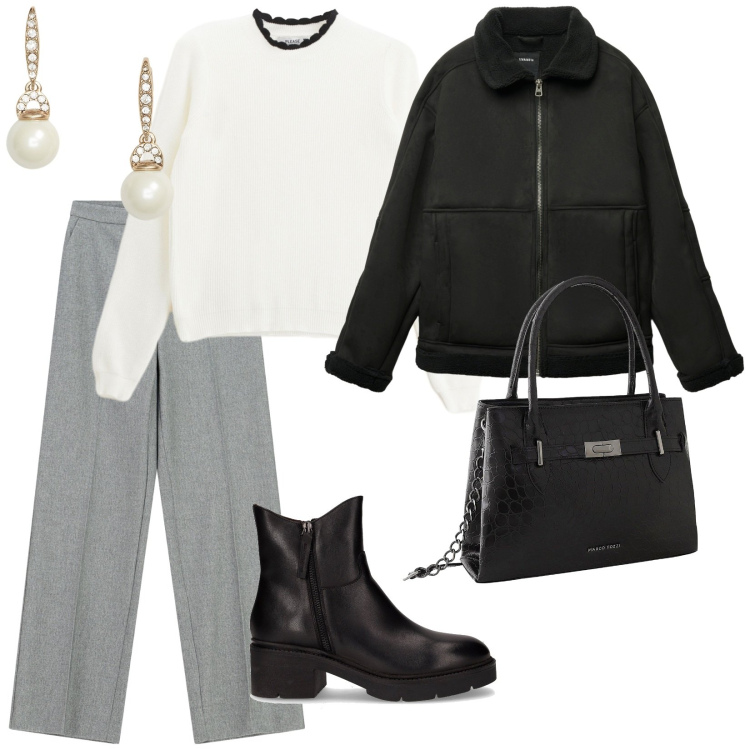 Outfit donna - Inizia il freddo. per Ufficio. Abbinamento con borse a mano, giacche, pullovers, pantaloni a palazzo, orecchini, stivaletti.