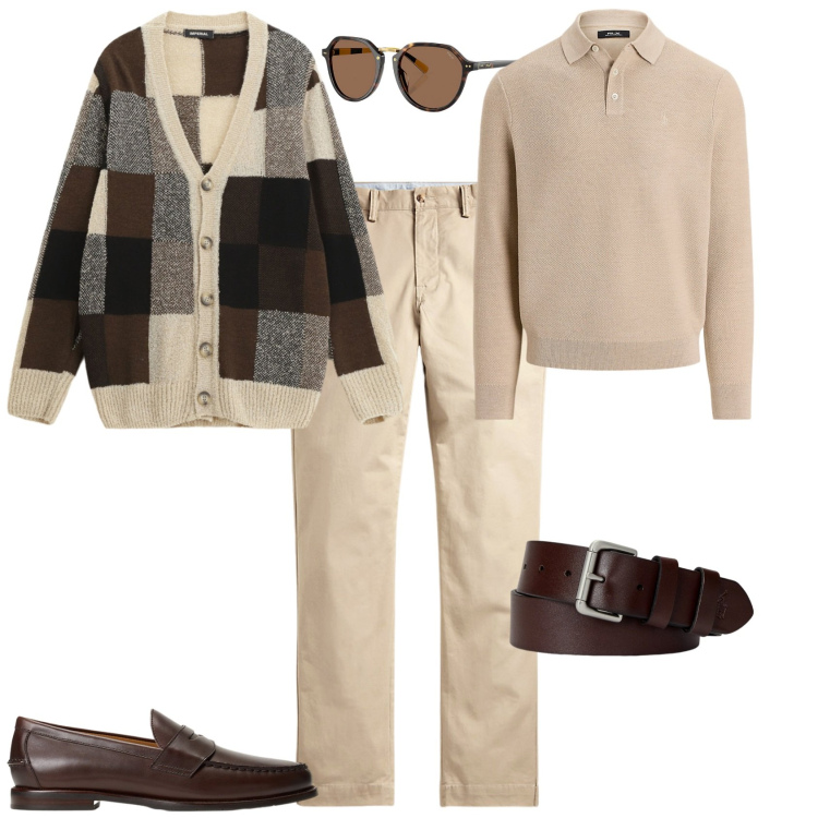 Outfit uomo - Trendy domenica pomeriggio. Stile Trendy per Tutti i giorni. Abbinamento con cardigans, cinture, pantaloni, occhiali da sole, scarpe stringate, maglieria.