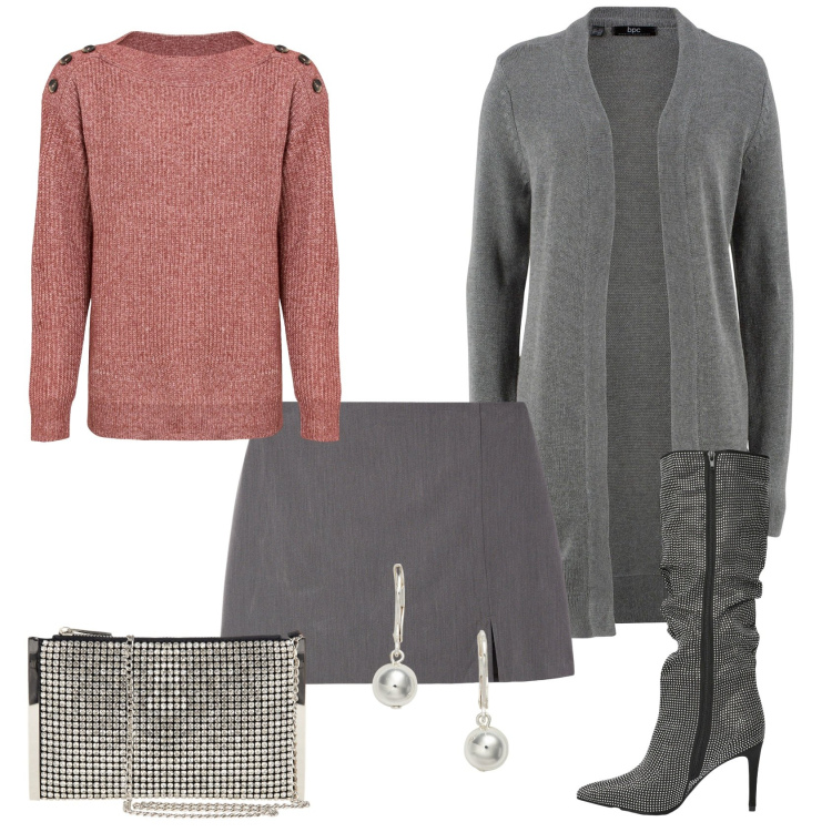 Outfit donna - Total look #2256523. Stile Casual chic per Ufficio. Abbinamento con cardigans, maglieria, stivali, minigonne, pochette, orecchini.