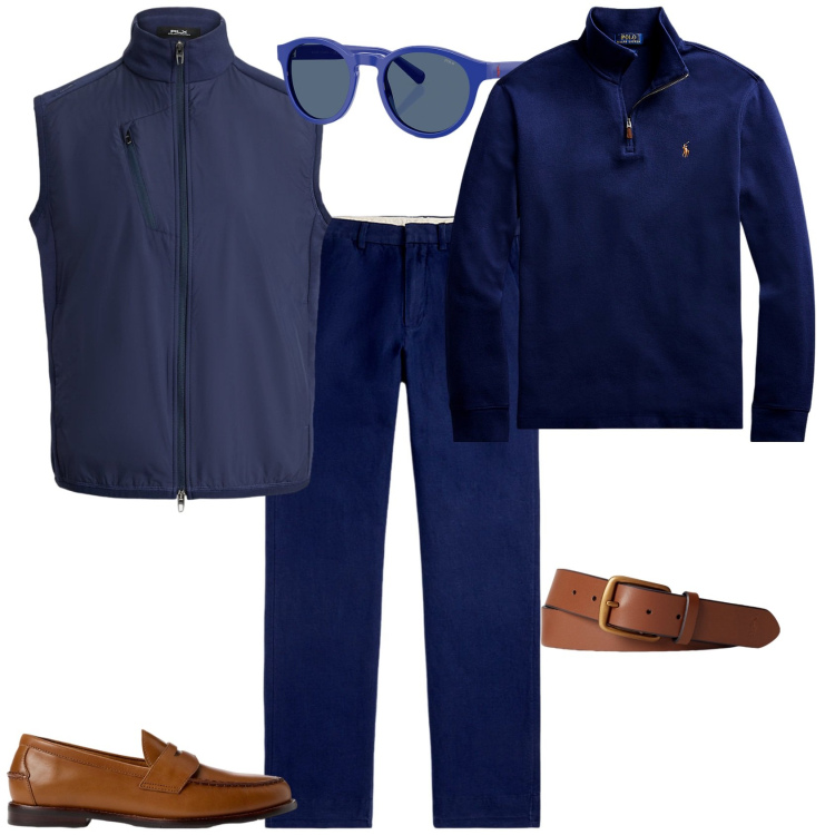Outfit uomo - Week end fuori porta. Stile Trendy per Tutti i giorni. Abbinamento con pullovers, scarpe stringate, cinture, pantaloni, gilet, occhiali da sole.