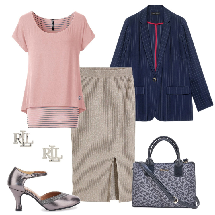Outfit donna - Total look #2256528. Stile Casual chic per Ufficio. Abbinamento con maglieria, gonne, orecchini, borse a tracolla, décolleté, blazer.