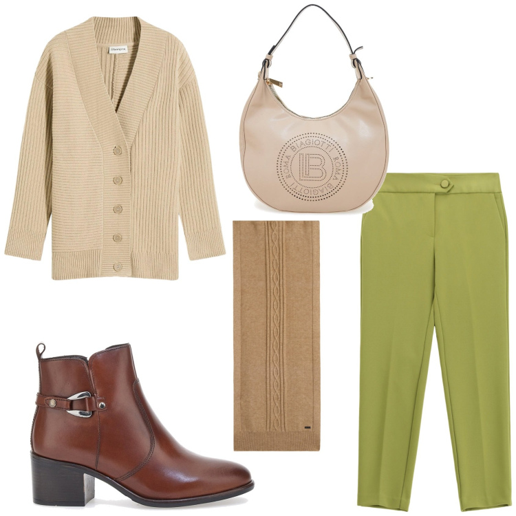 Outfit donna - Inizia il freddo. Stile Casual per Tutti i giorni. Abbinamento con cardigans, pantaloni, sciarpe, stivaletti, borse a spalla.