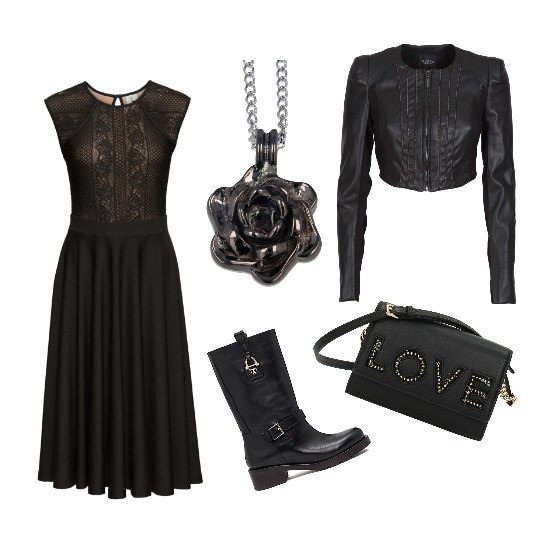 Outfit donna - Rock #245. Stile Rock per Serata fuori. Abbinamento con vestiti, borsa a tracolla con borchie nero, giubbotto con zip eco, stivali e anfibi con zip in pelle, collana ipoallergenico nero e rosa.