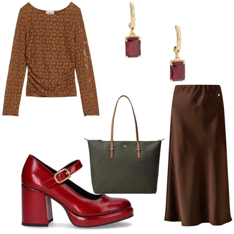 Outfit donna - Accessori Ralph Lauren. Stile Casual chic per Ufficio. Abbinamento con maglieria, gonne longuette, orecchini, borse tote, décolleté.