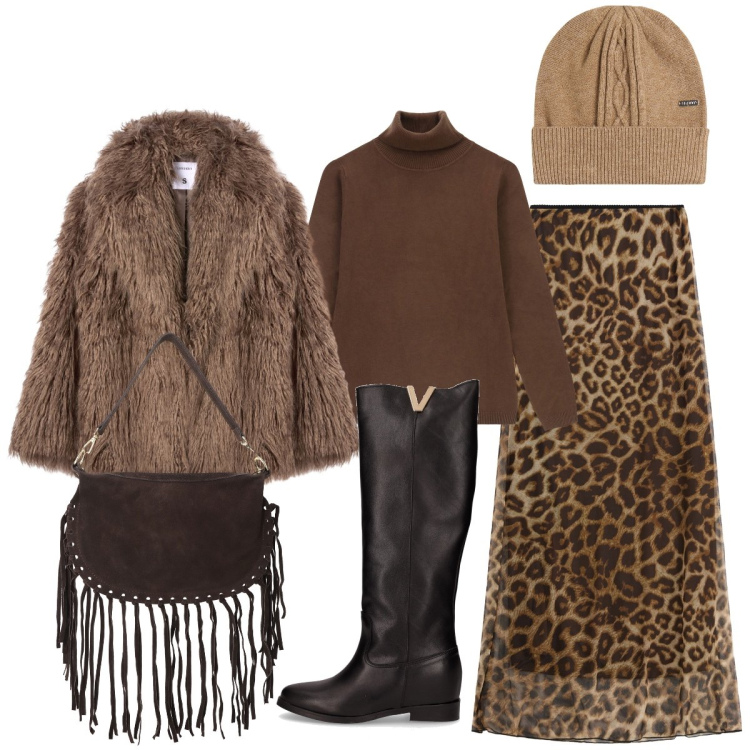 Outfit donna - Glam in città. Stile Glamour per Tutti i giorni. Abbinamento con ecopellicce, maglieria, gonne lunghe, borse a tracolla, berretti, stivali.