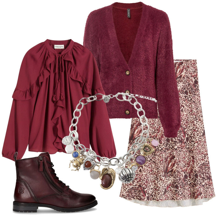 Outfit donna - Total look #2256543. Stile Romantica per Tutti i giorni. Abbinamento con cardigans, gonne, tuniche, braccialetti con ciondoli, stivaletti.