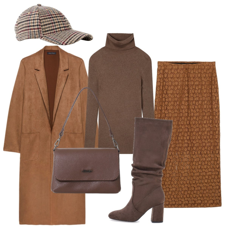 Outfit donna - Con disinvoltura per le vie del centro. Stile Trendy per Tutti i giorni. Abbinamento con gonne lunghe, cappelli con visiera, maglieria, borse a tracolla, stivali sopra il ginocchio, trench.