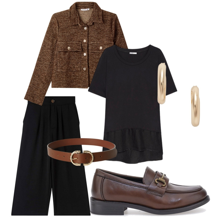 Outfit donna - Casual sportivo. Stile Sporty chic per Ufficio. Abbinamento con blazer, cinture, pantaloni a palazzo, orecchini, mocassini, bluse.
