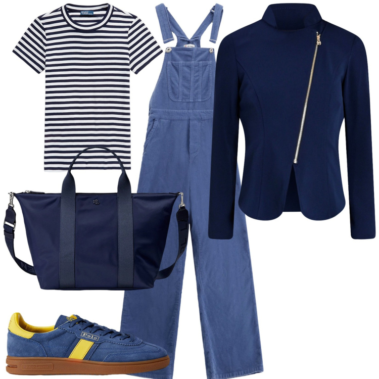 Outfit donna - Total look #2256551. Stile Casual chic per Tutti i giorni. Abbinamento con salopette, blazer, t-shirt, borse tote, sneakers.