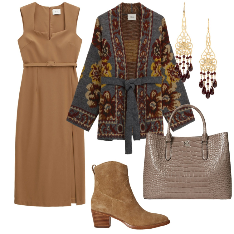 Outfit donna - Glamour autunnale. per Tutti i giorni. Abbinamento con vestiti midi/longuette, cardigans, stivaletti, orecchini, borse a mano.