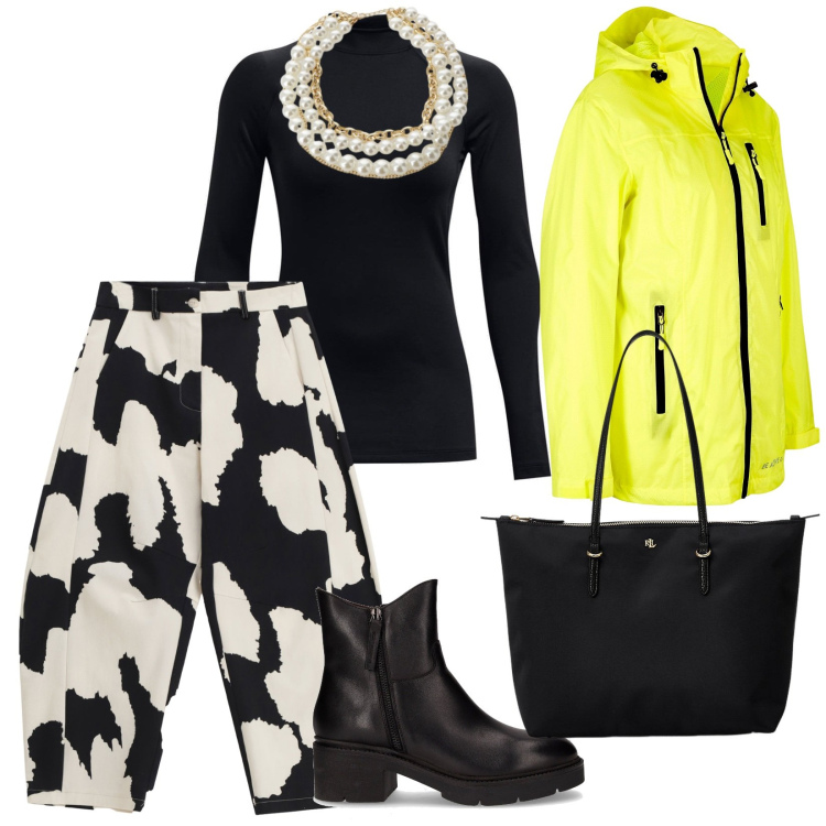 Outfit donna - Glamour autunnale. per Tutti i giorni. Abbinamento con blazer, pantaloni a palazzo, collane, borse tote, pullovers, stivaletti.