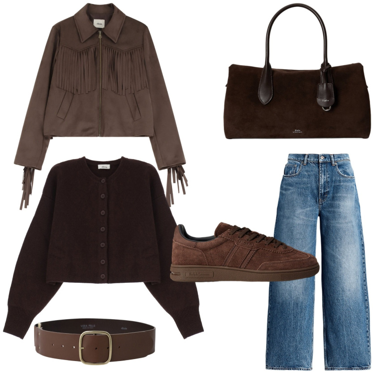 Outfit donna - Autumn palette. Stile Casual per Tutti i giorni. Abbinamento con cardigans, cinture, blazer, jeans, borse a mano, sneakers.