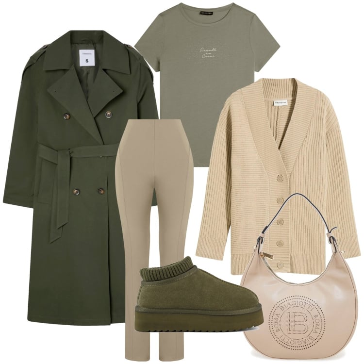 Outfit donna - Inizia il freddo. Stile Casual per Tutti i giorni. Abbinamento con cardigans, trench, pantaloni, t-shirt, sabot, borse a spalla.