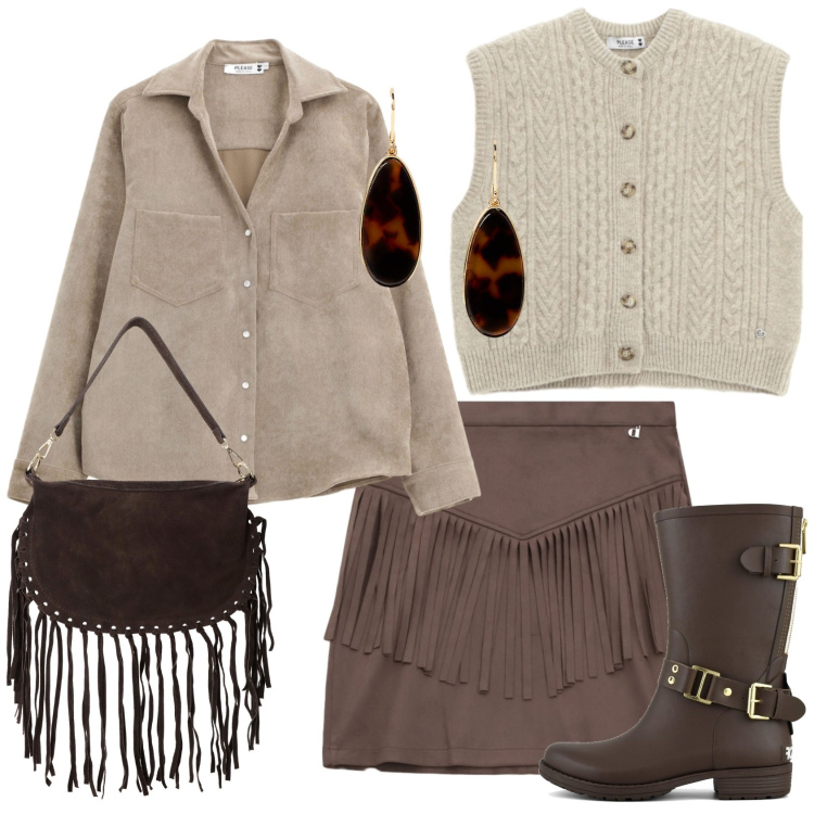 Outfit donna - Frange must have. Stile Casual chic per Tutti i giorni. Abbinamento con gilet, camicie, borse a tracolla, minigonne, orecchini, stivali.