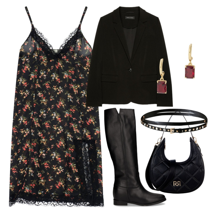 Outfit donna - Look autunnale!. Stile Trendy per Serata fuori. Abbinamento con borse a tracolla, cinture, vestiti midi/longuette, orecchini, stivali, blazer.
