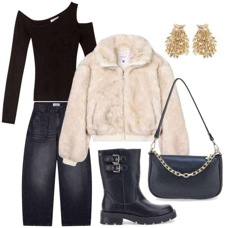 Outfit donna - Glamour autunnale. Stile Glamour per Serata fuori. Abbinamento con maglieria, ecopellicce, jeans, orecchini, stivaletti, borse a tracolla.