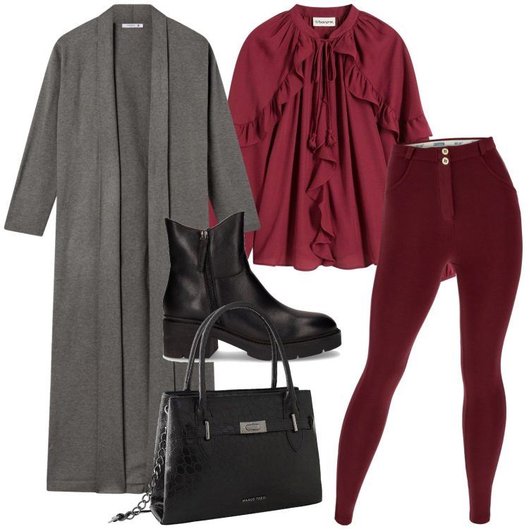 Outfit donna - Glamour autunnale. Stile Glamour per Serata fuori. Abbinamento con borse a mano, tuniche, cardigans, pantaloni skinny, stivaletti.