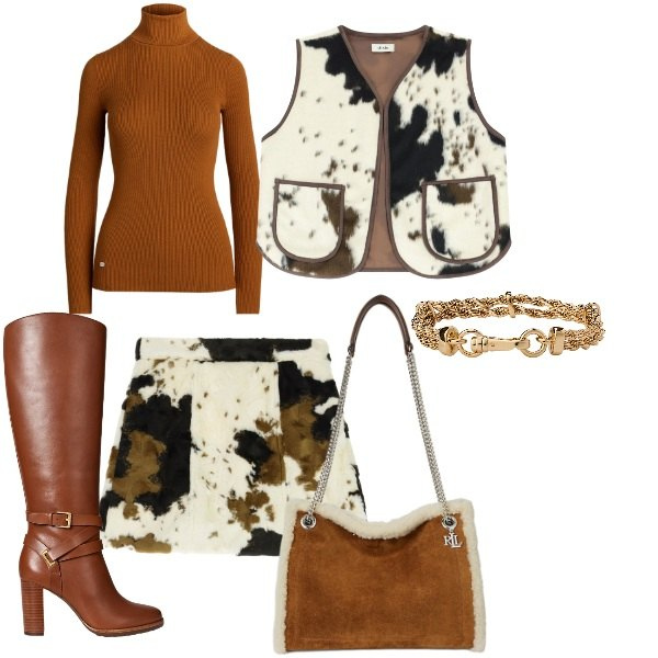Outfit donna - Gonna & stivali. Stile Trendy per Tutti i giorni. Abbinamento con gilet, minigonne, braccialetti, stivali, borse tote, maglieria.