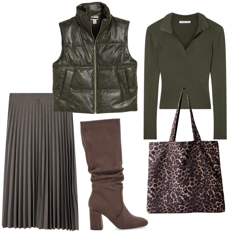 Outfit donna - Gonna & stivali. Stile Glamour per Ufficio. Abbinamento con piumini, shopping bag, gonne lunghe, maglieria, stivali sopra il ginocchio.
