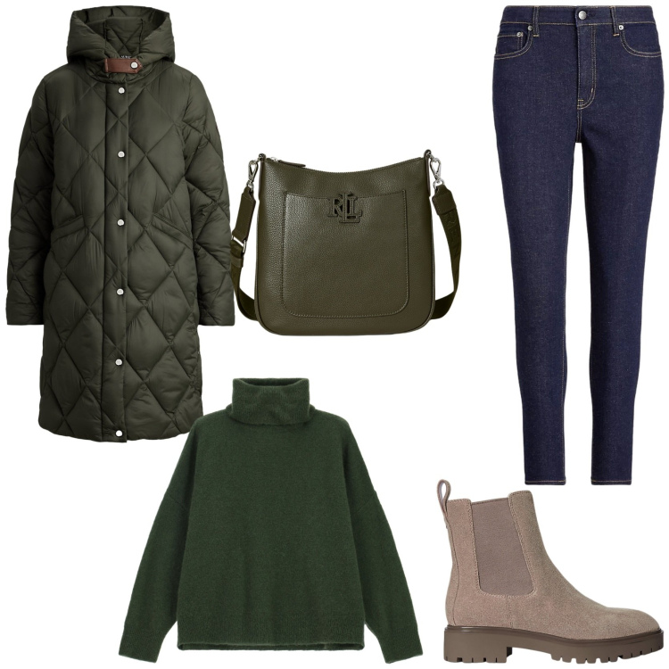 Outfit donna - Giorni di pioggia. Stile Casual per Tutti i giorni. Abbinamento con maglieria, piumini, jeans skinny, borse a tracolla, stivaletti chelsea.