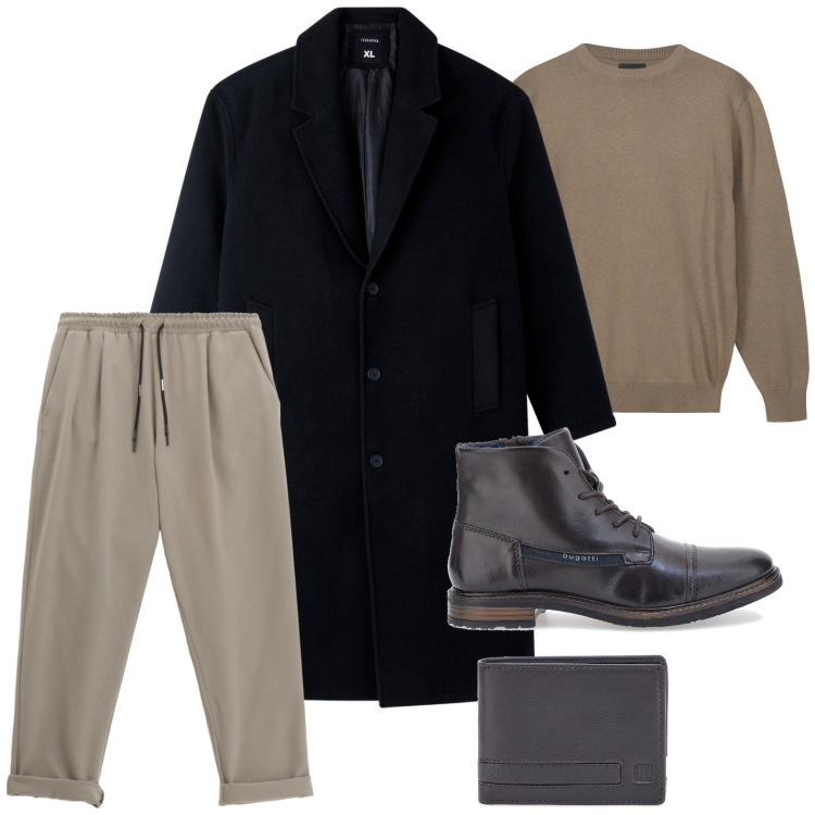 Outfit uomo - Serata in città. Stile Casual per Serata speciale. Abbinamento con cappotti, pantaloni, stivali e stivaletti, portafogli, maglieria.