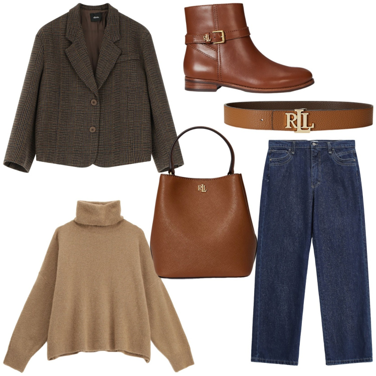 Outfit donna - Il blazer British. Stile Casual chic per Tutti i giorni. Abbinamento con jeans dritti, maglieria, blazer, borse a secchiello, stivaletti, cinture.