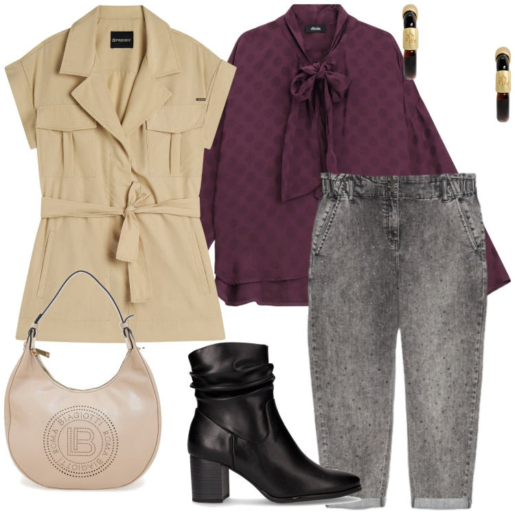 Outfit donna - Giornate autunnali. Stile Casual per Tutti i giorni. Abbinamento con trench, bluse, orecchini, borse a spalla, jeans, stivaletti.