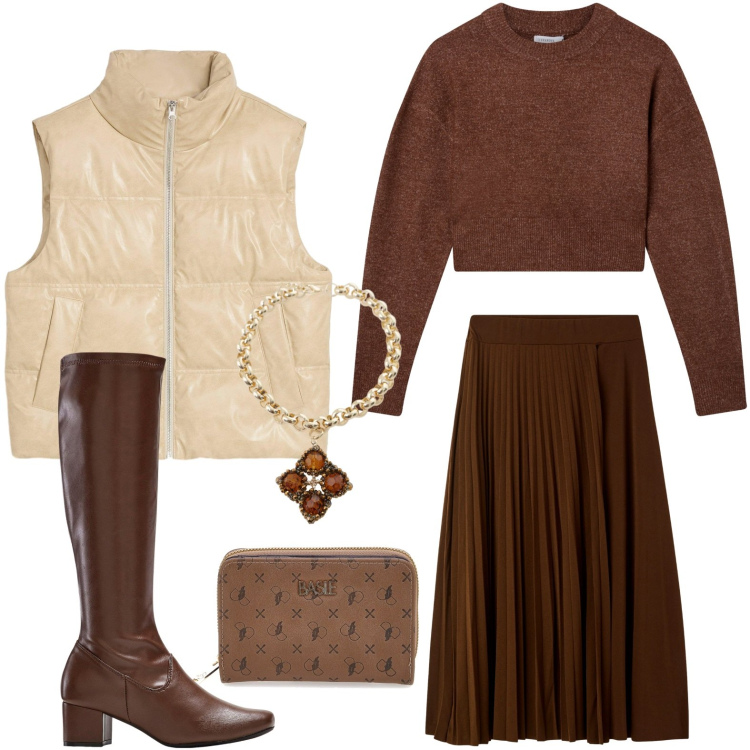 Outfit donna - Il collier con pendente. Stile Chic per Serata fuori. Abbinamento con stivali, piumini, gonne lunghe, maglieria, collane, portafogli.