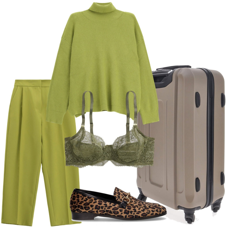 Outfit donna - Il completo chic. Stile Minimal per Tutti i giorni. Abbinamento con pantaloni, maglieria, reggiseni, valigie, mocassini.
