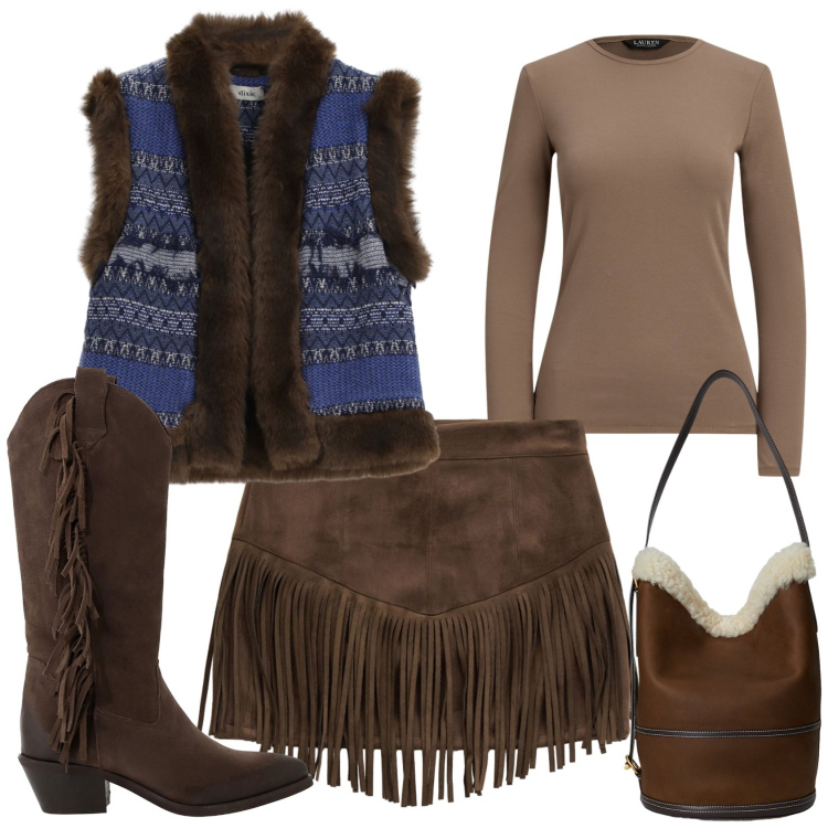 Outfit donna - Stile country. Stile Boho per Tutti i giorni. Abbinamento con gilet, minigonne, stivali, t-shirt, borse a spalla.
