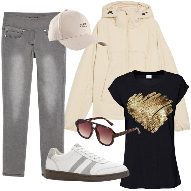 Outfit donna - All day. Stile Casual per Tutti i giorni. Abbinamento con jeans dritti, giacche, maglieria, sneakers, cappelli con visiera, occhiali da sole.