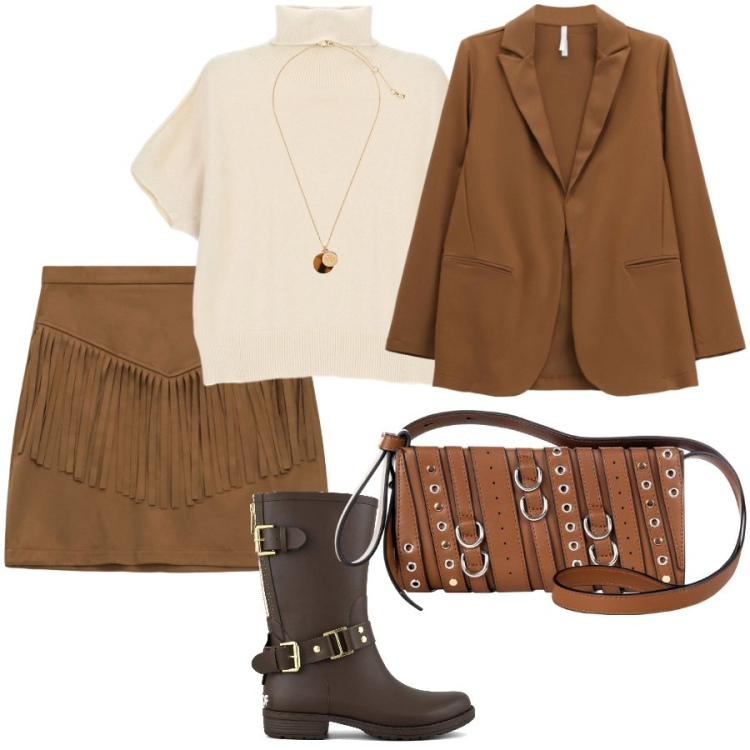 Outfit donna - La gonna scamosciata. Stile Casual chic per Tutti i giorni. Abbinamento con borse a spalla, blazer, maglieria, minigonne, collane, stivali.
