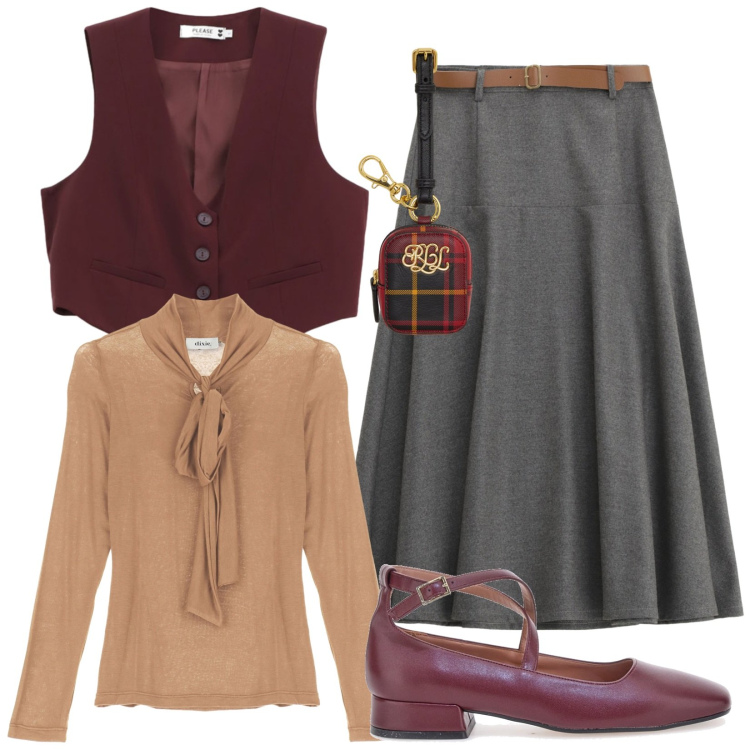 Outfit donna - High school. Stile Bon Ton per Scuola/Università. Abbinamento con gonne lunghe, gilet, top, pochette, ballerine.