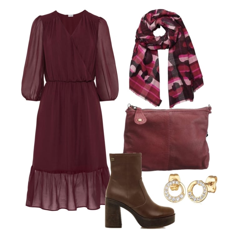 Outfit femme - Octobre. Style Tendance pour Tous les jours. Assortir avec robes longues, short, boucles d'oreilles, sacs besace, écharpes, bottines.