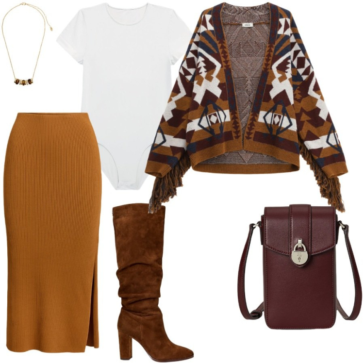 Outfit donna - Ottimo mix. Stile Casual chic per Ufficio. Abbinamento con cardigans, stivali, gonne, collane, borse a tracolla, body.