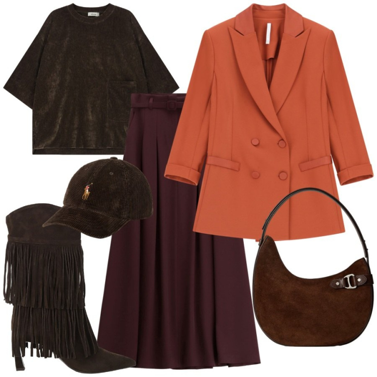 Outfit donna - Gonna&stivali -. Stile Trendy per Serata fuori. Abbinamento con blazer, gonne lunghe, stivali, t-shirt, cappelli con visiera, borse a spalla.