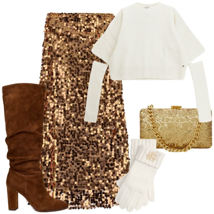 Outfit donna - Gonna & stivali glamour. Stile Glamour per Serata fuori. Abbinamento con maglieria, gonne lunghe, stivali, clutch, guanti.