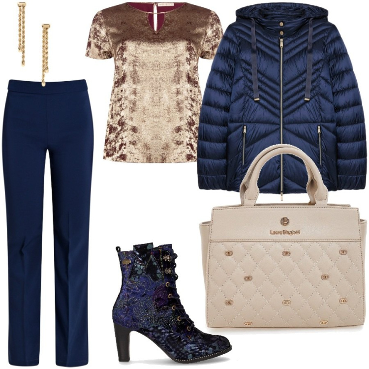 Outfit donna - La blusa luminosa. Stile Casual chic per Serata fuori. Abbinamento con pantaloni, bluse, orecchini, piumini, borse a mano, stivaletti.