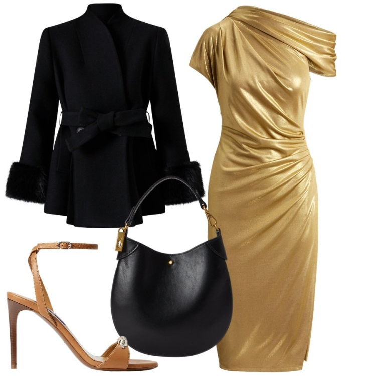 Outfit donna - Serata a teatro. Stile Glamour per Serata fuori. Abbinamento con cappotti, vestiti a tubino, sandali col tacco, pochette.
