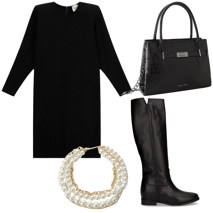 Outfit donna - Semplice ed elegante. Stile Chic per Ufficio. Abbinamento con borse a mano, collane, vestiti midi/longuette, stivali.