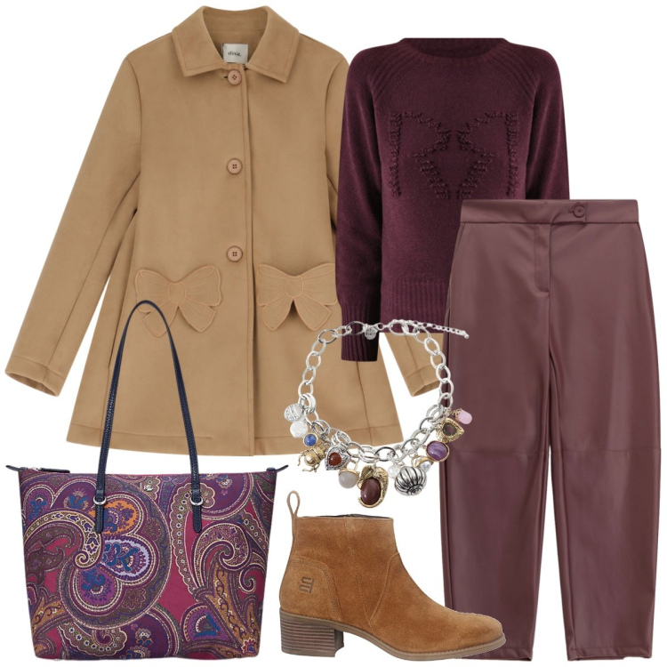 Outfit donna - Total look #2256611. Stile Casual chic per Tutti i giorni. Abbinamento con maglieria, pantaloni, braccialetti con ciondoli, cappotti, borse tote, stivaletti.